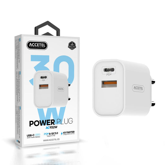 Carregador de Parede Carregamento Rápido 1USB-C+1USB-A QC3.0/PD 30W