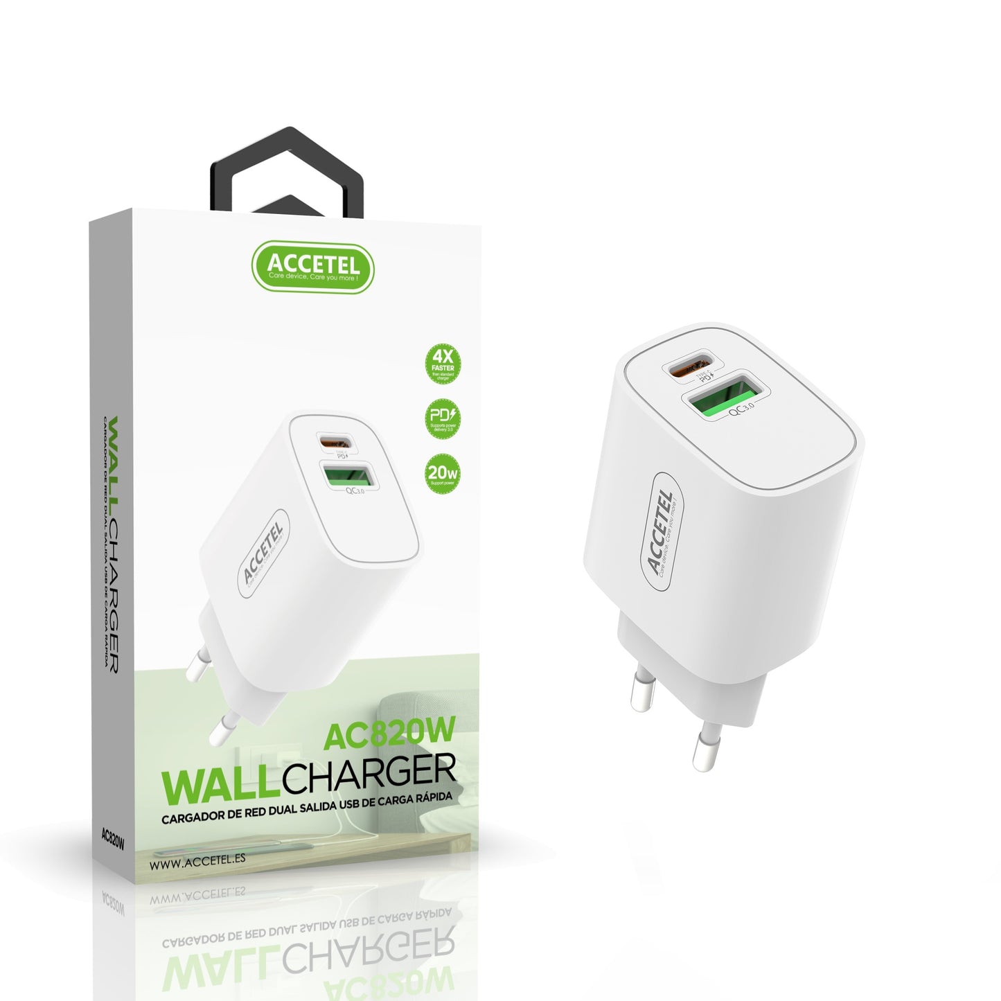 Carregador de Parede Carregamento Rápido Dupla USB-C+USB-A QC3.0/PD 20W