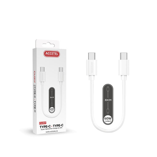 Cabo de Carregamento Rápido PD 60W Tipo-C para Tipo-C Branco (0.30M)