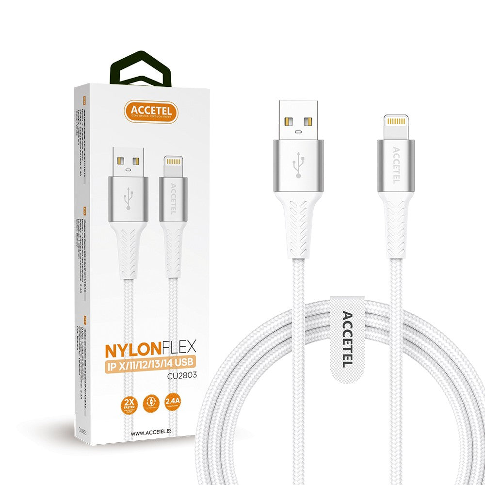 Cabo de dados flexível de nylon 2.4A - USB para Lightning (1M) Branco