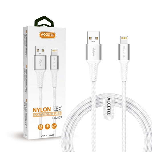 Cabo de dados flexível de nylon 2.4A - USB para Lightning (1M) Branco