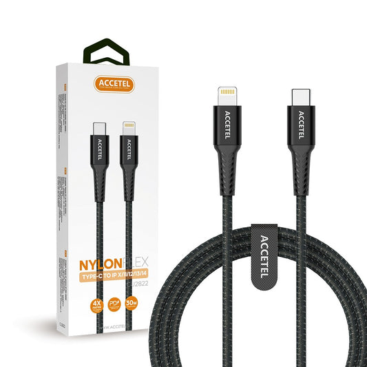 Cabo de carregamento rápido Nylon Flex 30W - Tipo-C para Lightning (1M) Preto