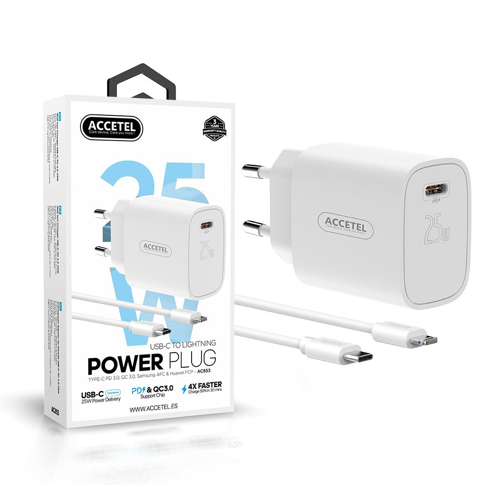 Carregador de Parede Carregamento Rápido PD 25W - Cabo Tipo-C para Lightning 1M