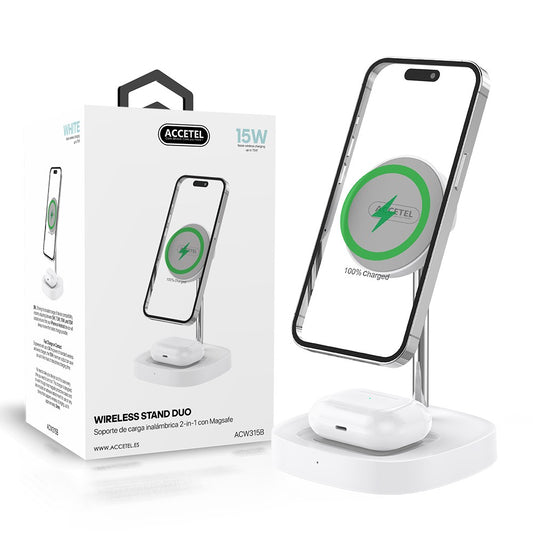 Suporte de carregamento sem fio 2 em 1 Tecnologia magnética 15W - Branco