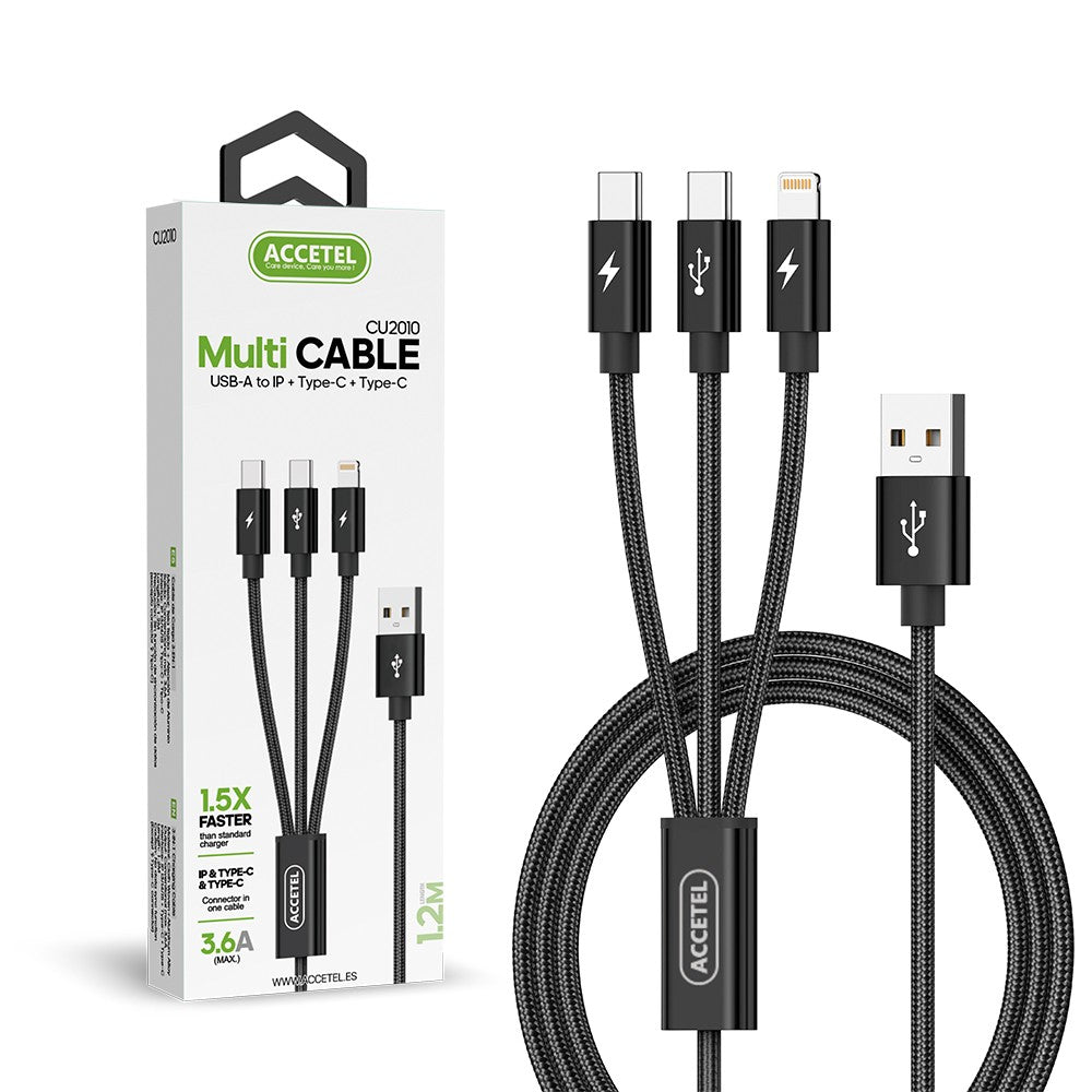 Cabo de Carregamento 3em1 (Lightning + USB-C duplo) 3.6A 1.2M