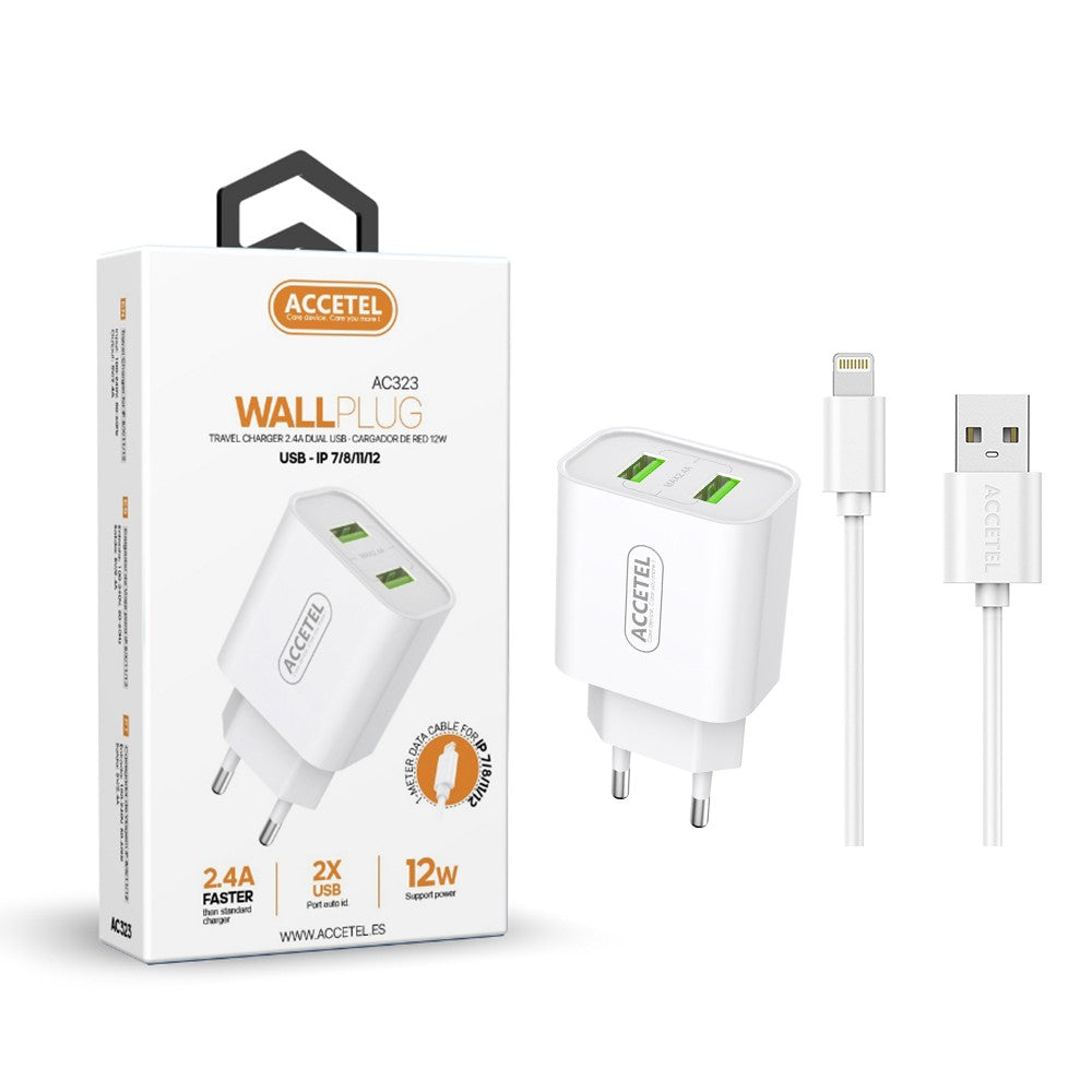 Carregador de Parede 2.4A com Portas USB Duplas - Cabo Lightning