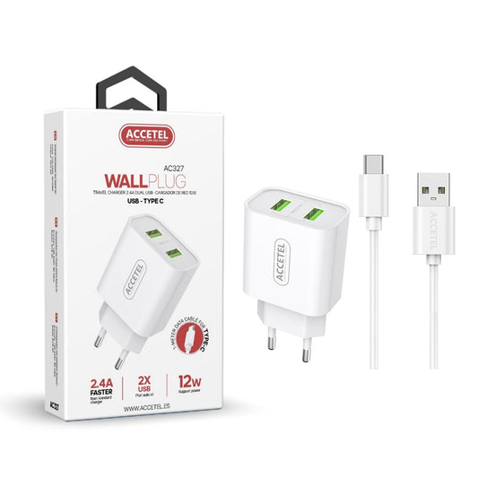 Carregador de Parede 2.4A com Portas USB Duplas - Cabo Tipo-C