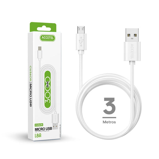 Cabo de Dados 1.8A - Micro USB (3M) Branco