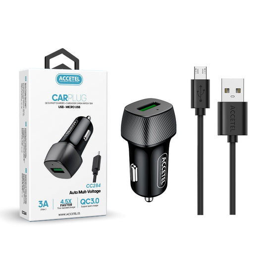 Carregador de Carro Carregamento Rápido QC3.0 18W - Cabo Micro USB