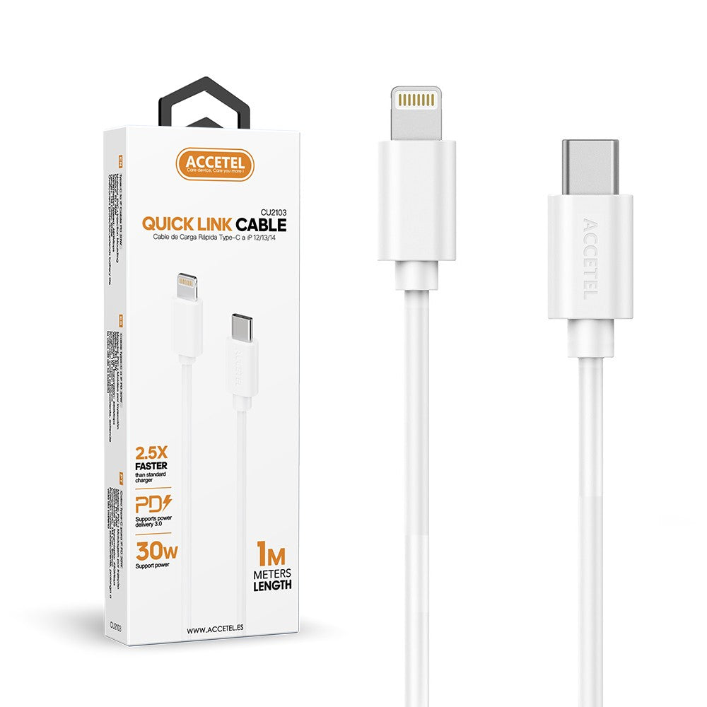 PD Cabo de Carregamento Rápido 30W Tipo-C para Lightning (1M) Branco