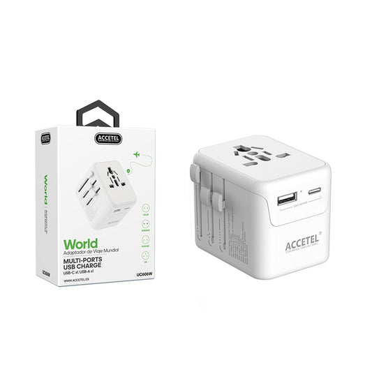 Adaptador de plugue de viagem internacional com duas portas USB-C e USB-A 2.4A - Branco
