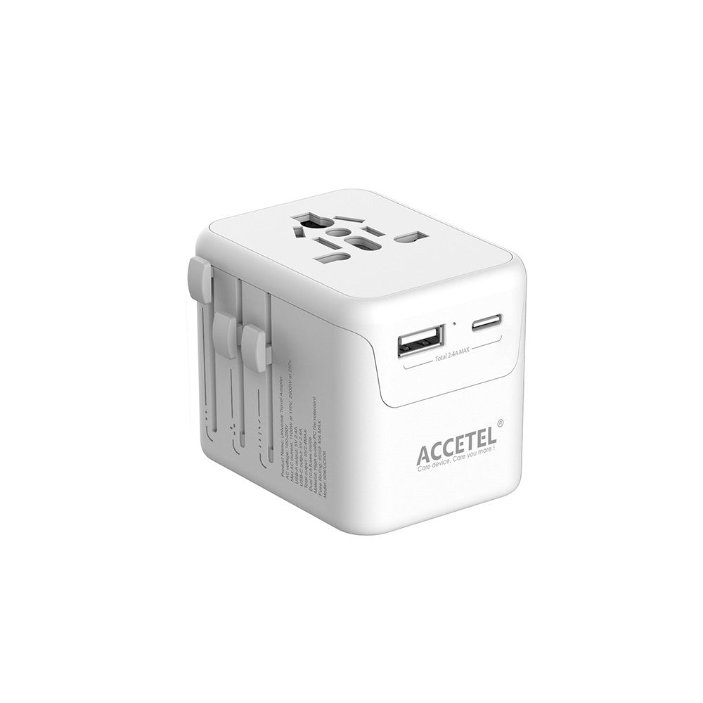 Adaptador de plugue de viagem internacional com duas portas USB-C e USB-A 2.4A - Branco