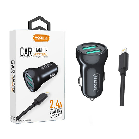 Carregador de Carro Duplo USB 2.4A - Lightning Preto