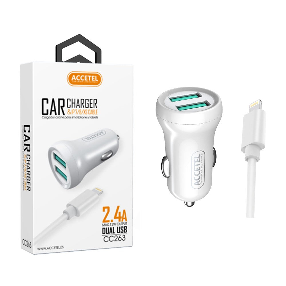 Carregador de Carro Duplo USB 2.4A - Lightning Branco