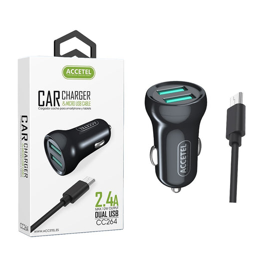 Carregador de Carro Duplo USB 2.4A - Micro USB Preto