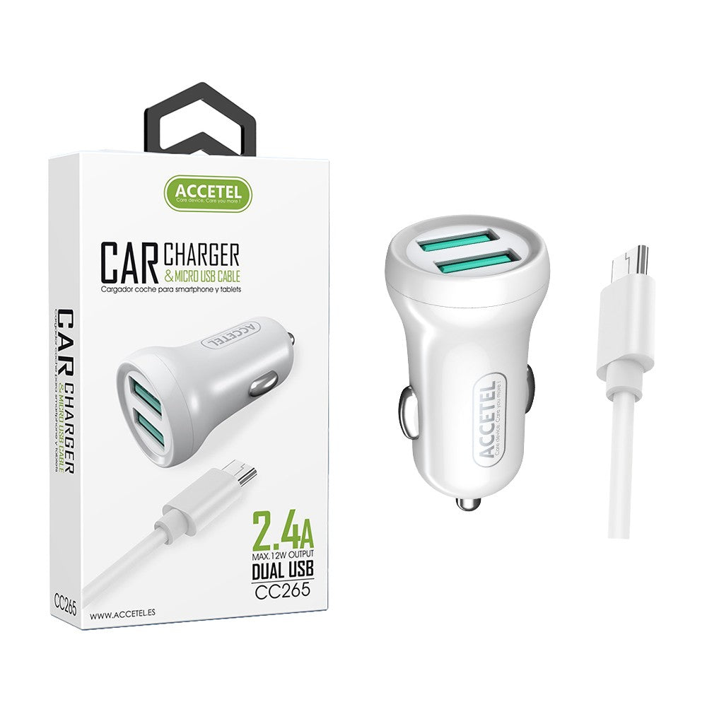Carregador de Carro Duplo USB 2.4A - Micro USB Branco