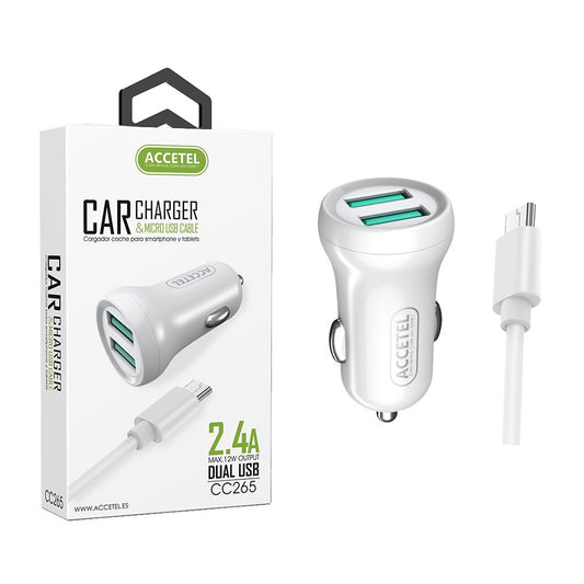 Carregador de Carro Duplo USB 2.4A - Micro USB Branco