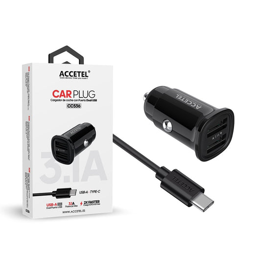 Carregador de Carro Duplo USB 3.1A - Cabo Tipo C