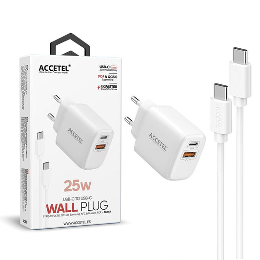 Carregador de Parede Carregamento Rápido QC/PD 3.0 Portas Duplas A+C 25W - Cabo Tipo-C para Tipo-C 1M
