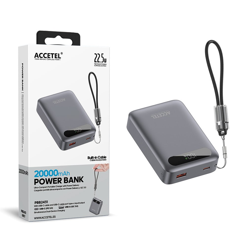 Bateria Externa de Carga Rápida 20000mAh 22,5W PD+QC3.0 com Tela Digital e Cabo USB-C Integrado