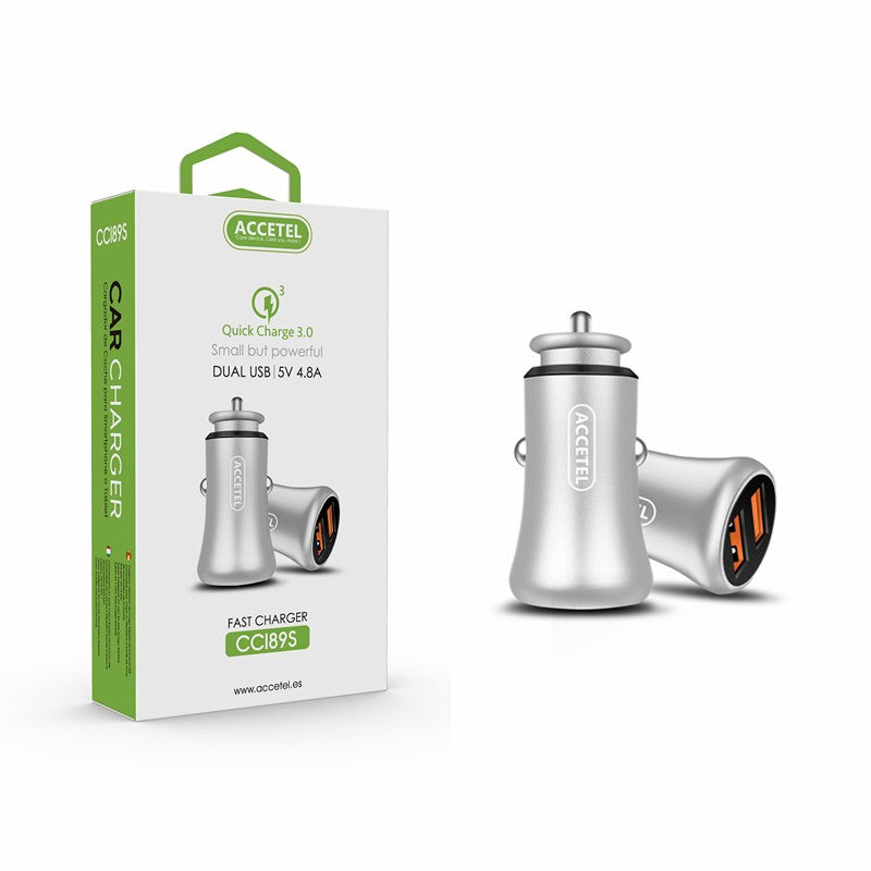 Carregador de Carro Duplo USB com Carga Rápida QC3.0 18W Prata