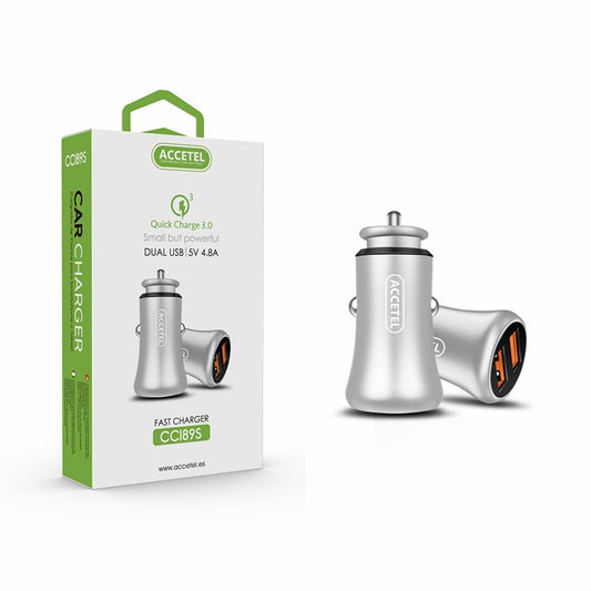 Carregador de Carro Duplo USB com Carga Rápida QC3.0 18W Prata