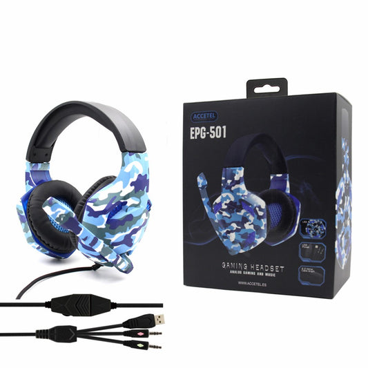 Auscultadores Estéreo Jogos LED 3.5mm com Microfone -Azul Militar