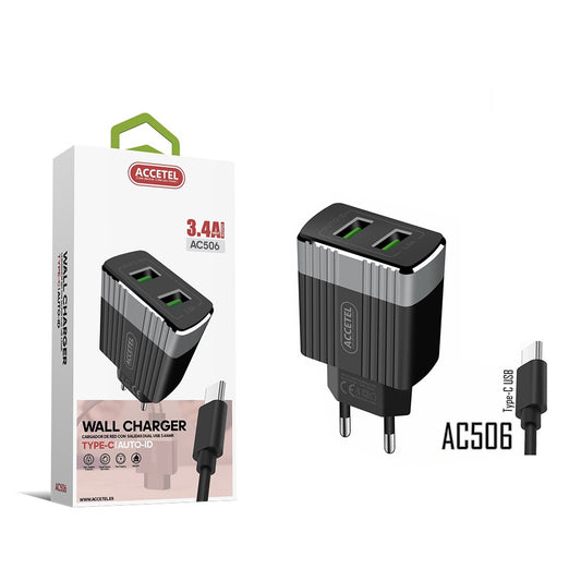 Carregador de Parede Duplo USB 3.4A - Cabo Tipo-C