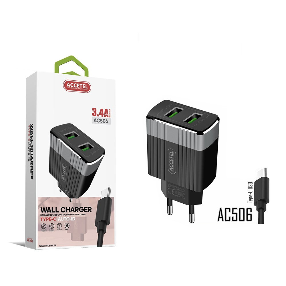 Carregador de Parede Duplo USB 3.4A - Cabo Tipo-C