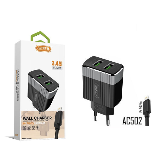 Carregador de Parede Duplo USB 3.4A - Cabo Lightning