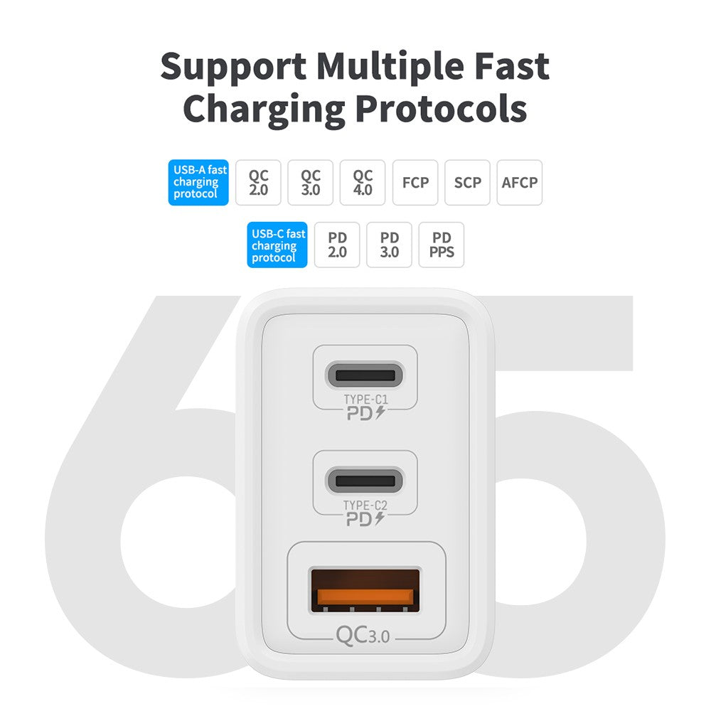 Carregador de Parede Carregamento Rápido USB-C PD Dual Tipo-C+USB QC3.0 65W