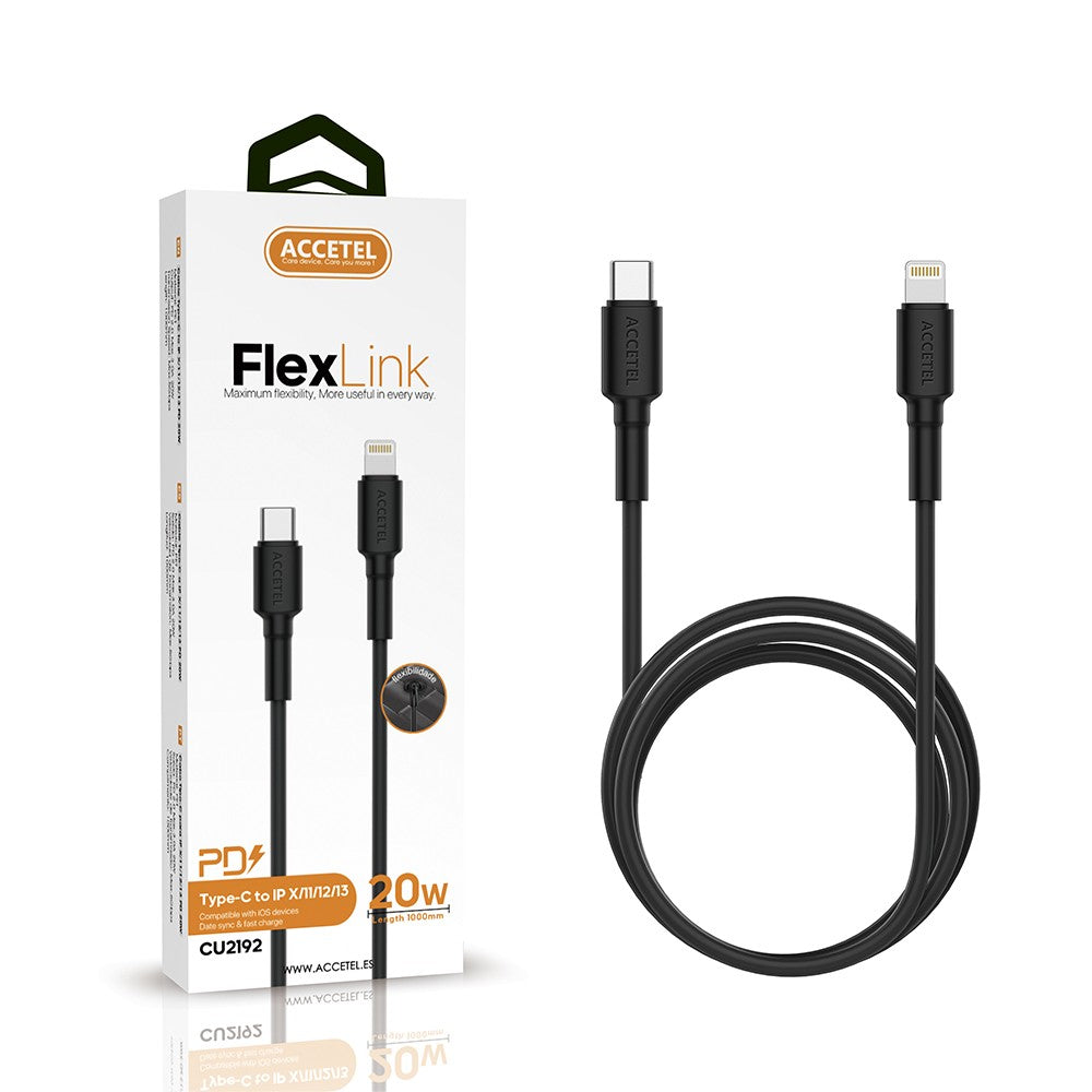 PD Cabo de Carregamento Rápido 20W TPE Tipo-C para Lightning (1M) Preto