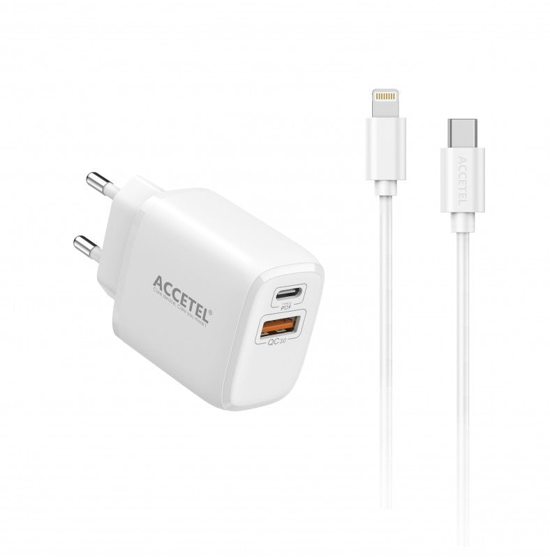 Carregador de Parede Carregamento Rápido QC/PD 3.0 Portas Duplas A+C 25W Cabo Tipo-C para Lightning 1M