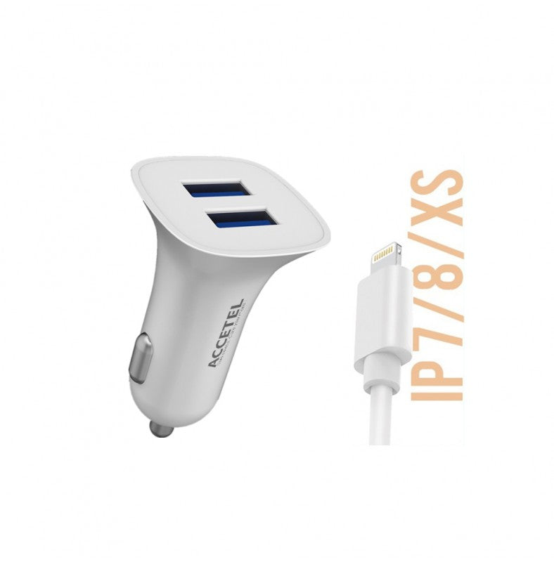 Carregador de Carro Duplo USB 2.1A Lightning Branco