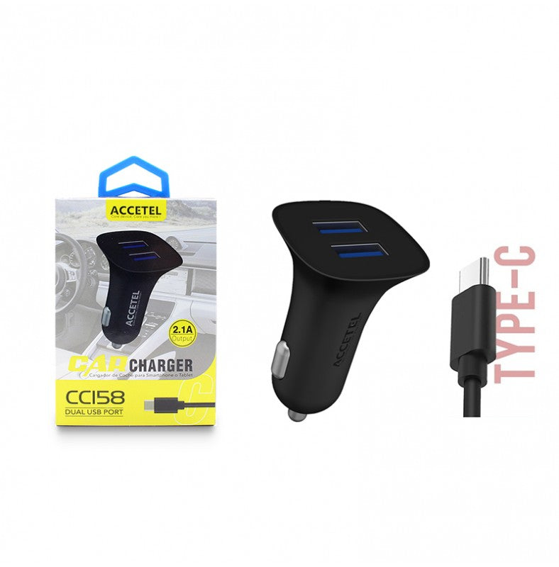 Carregador de Carro Duplo USB 2.1A Tipo-C Preto
