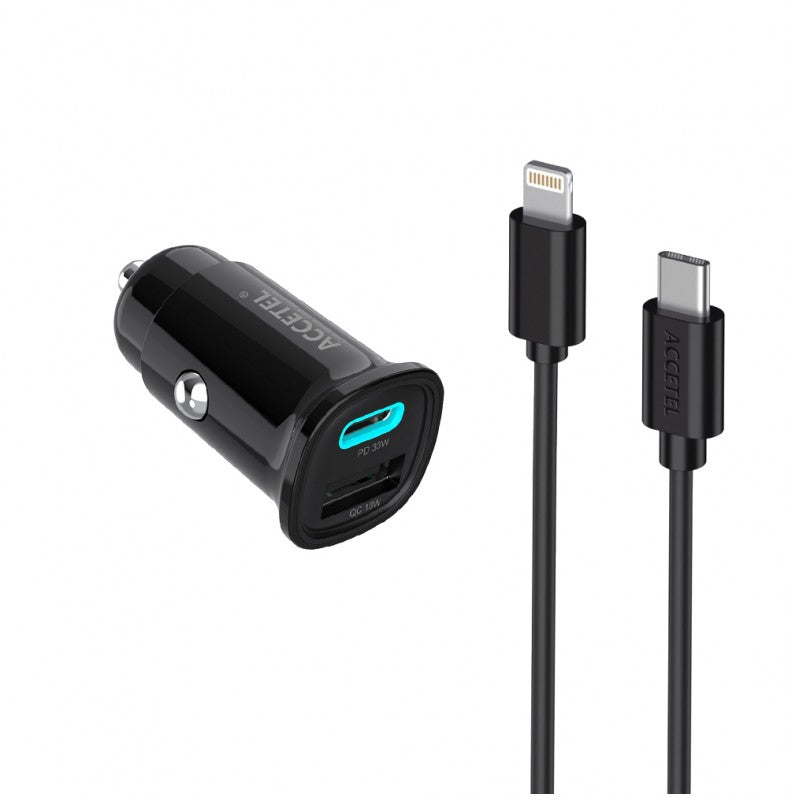 Carregador de Carro de Carga Rápida USB-C PD + USB-A QC Máx. 33W ? Cabo Lightning