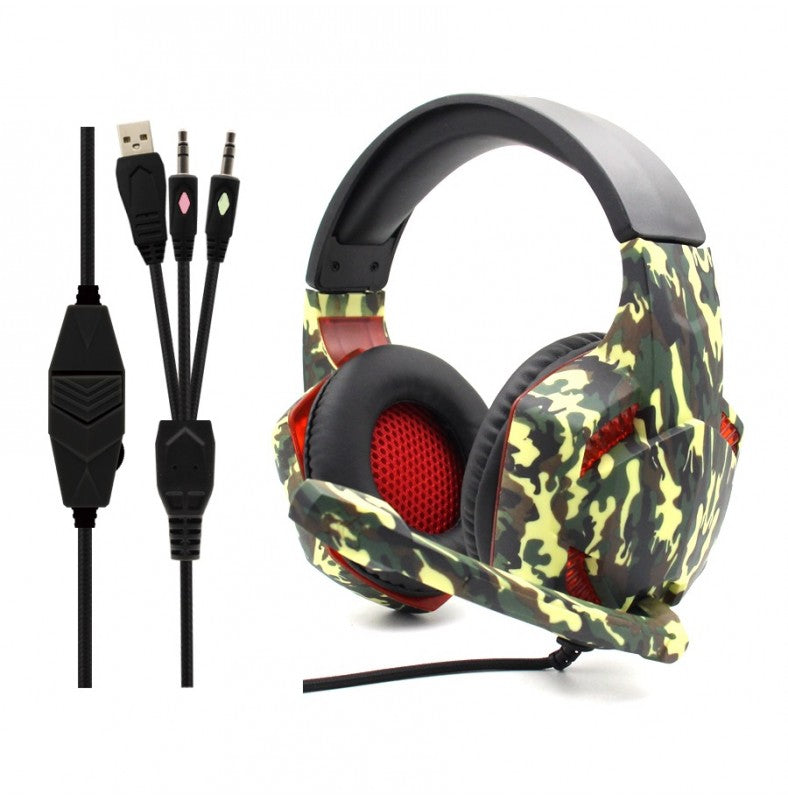 Auscultadores Estéreo Jogos LED 3.5mm com Microfone -Verde Militar