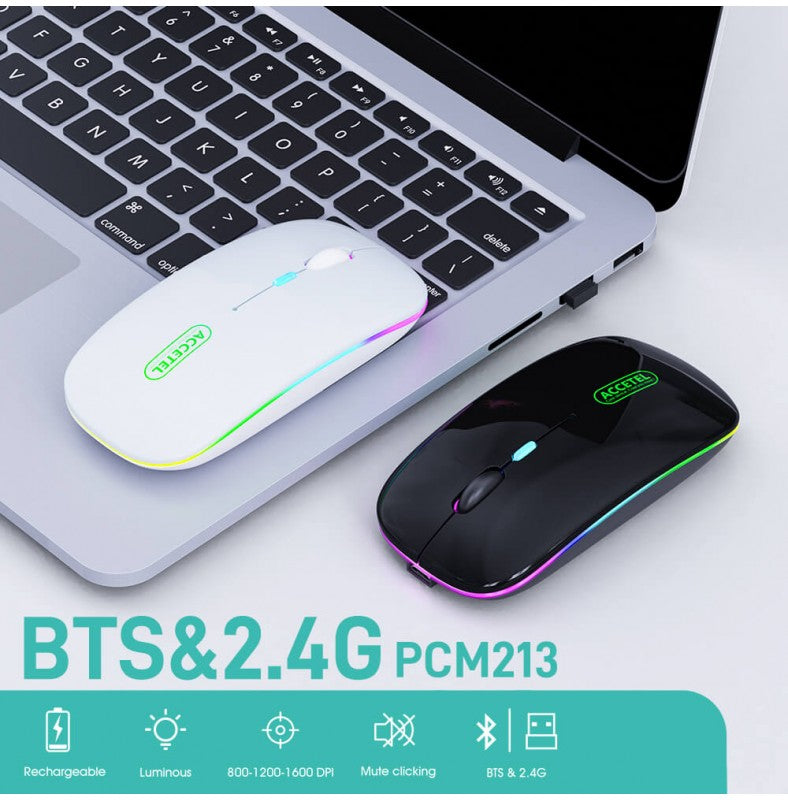 Rato Recarregável Sem Fio Bluetooth 5.2 RGB 2.4GHZ 800/1200/1600 DPI Branco