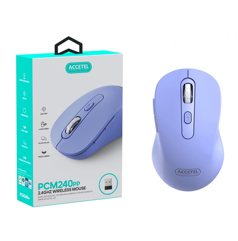 Mouse Sem Fio 2.4GHZ 800/1200/1600 DPI 6 Botões Roxo