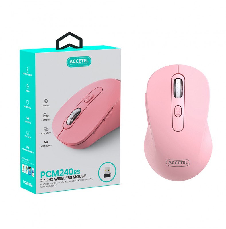 Mouse Sem Fio 2.4GHZ 800/1200/1600 DPI 6 Botões Rosa