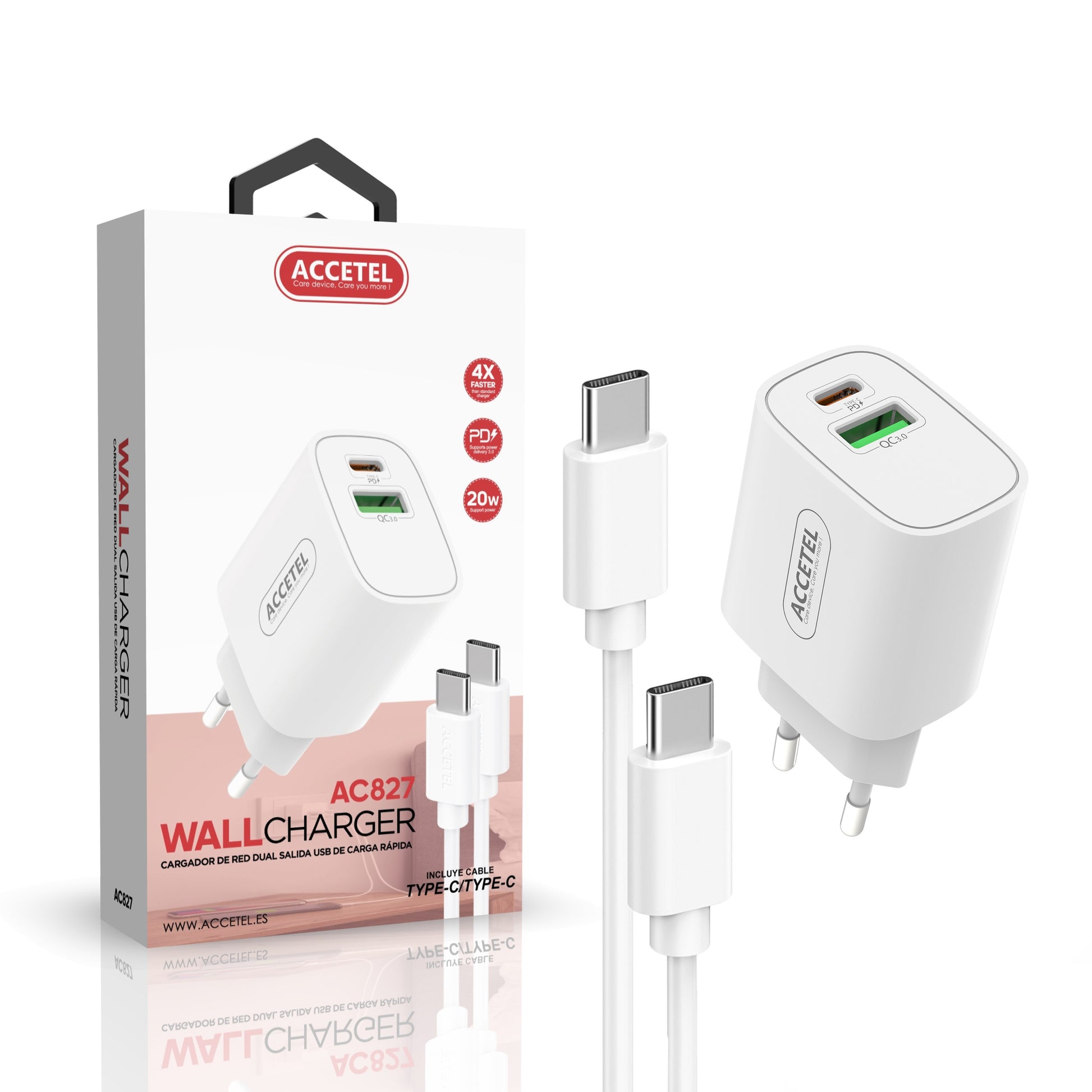 Carregador de Parede Carregamento Rápido Dupla USB-C+USB-A QC3.0/PD 20W - Cabo USB-C para USB-C 1M