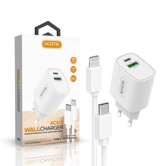 Carregador de Parede Carregamento Rápido Dupla USB-C+USB-A QC3.0/PD 20W - Cabo USB-C para Lightning 1M