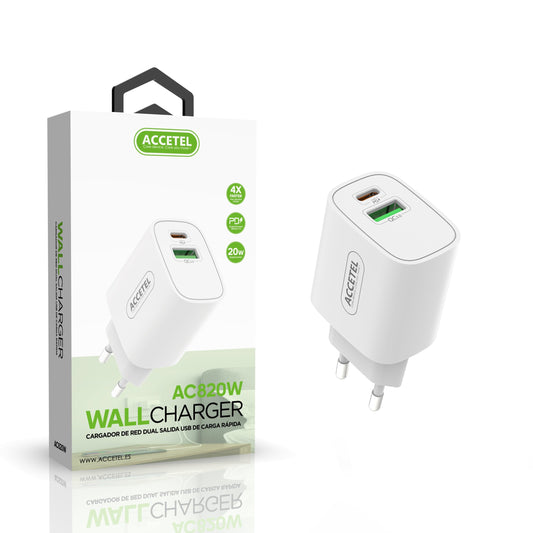 Carregador de Parede Carregamento Rápido Dupla USB-C+USB-A QC3.0/PD 20W