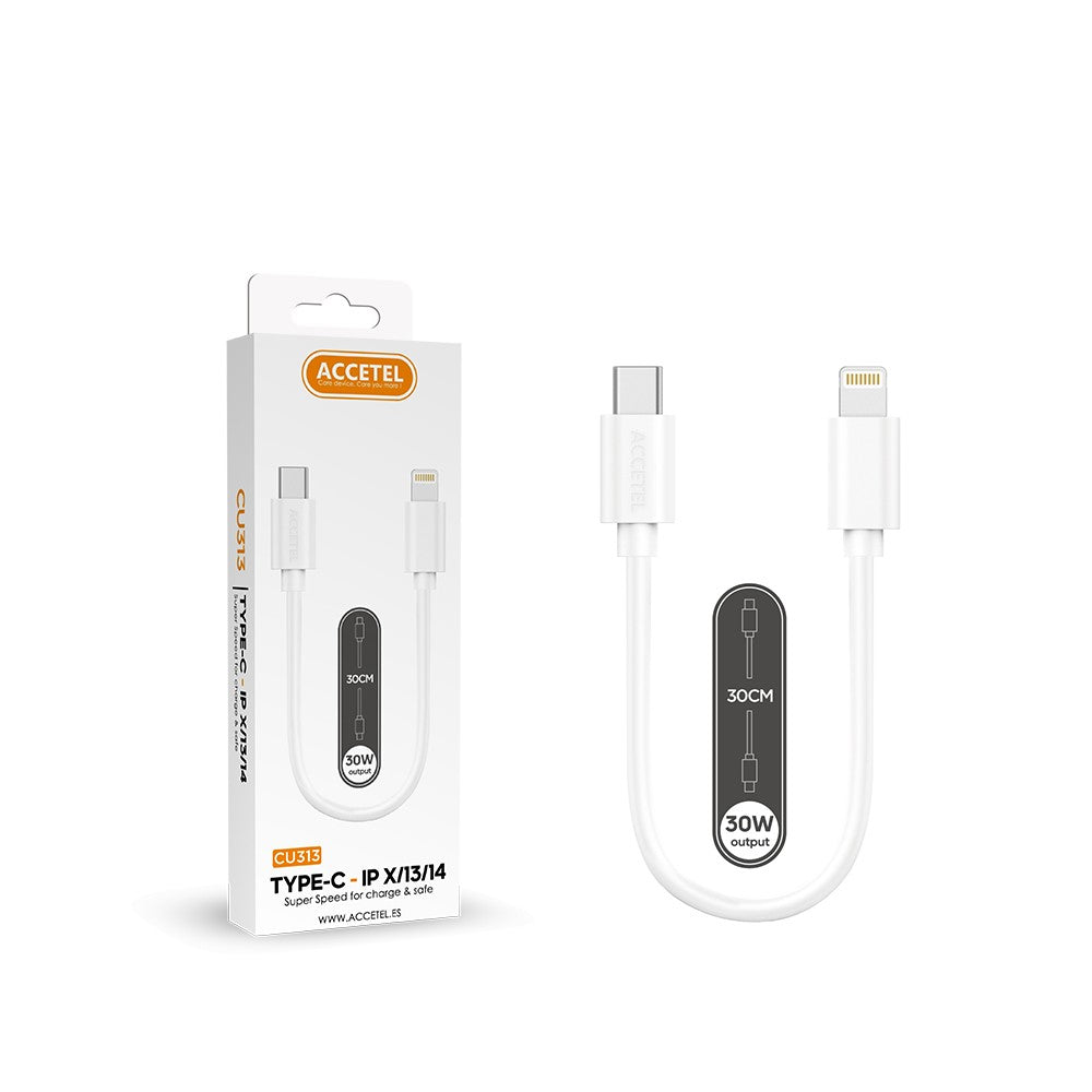 Cabo de Carregamento Rápido PD 30W Tipo-C para Lightning Branco (0.30M)