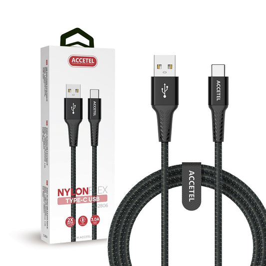 Cabo de Dados Nylon Flex 3.0A - Tipo-C (1M) Preto