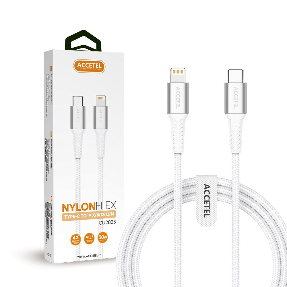 Cabo de Carregamento Rápido Nylon Flex 30W - Tipo-C para Lightning (1M) Branco