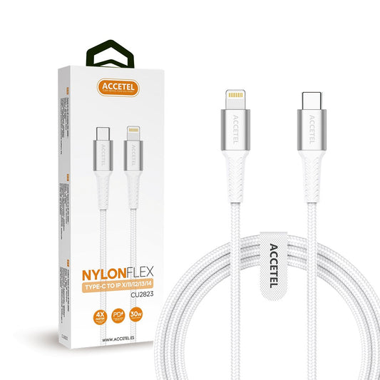Cabo de Carregamento Rápido Nylon Flex 30W - Tipo-C para Lightning (1M) Branco