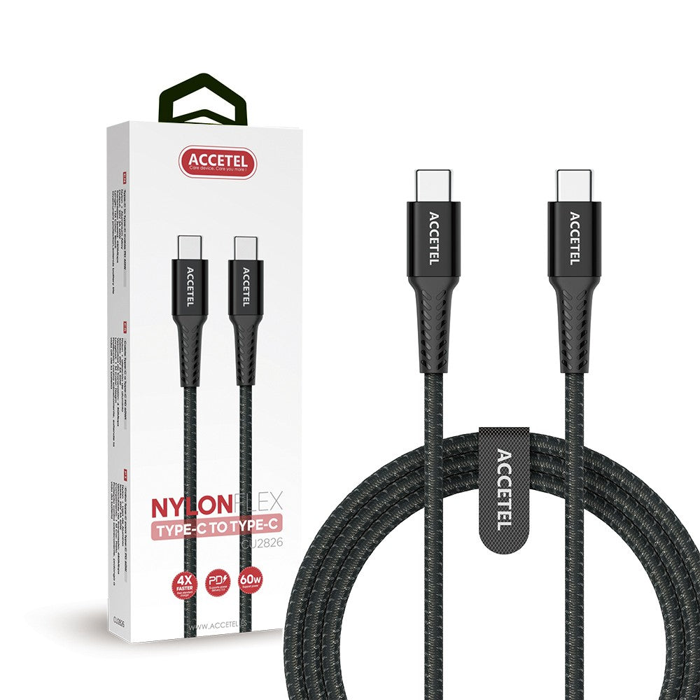 Cabo de carregamento rápido Nylon Flex 60W - Tipo-C a Tipo-C (1M) Preto