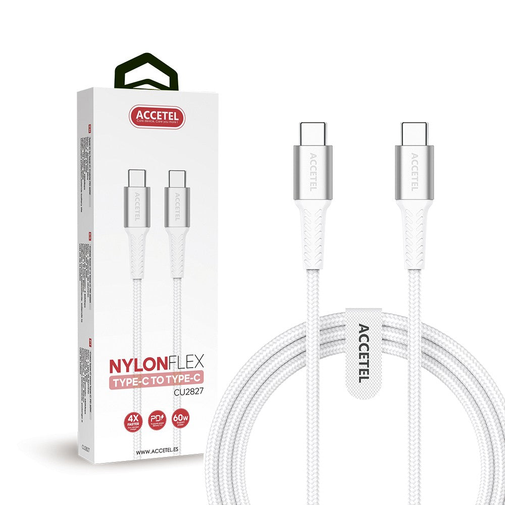 Cabo de Carregamento Rápido Nylon Flex 60W - Tipo-C a Tipo-C (1M) Branco