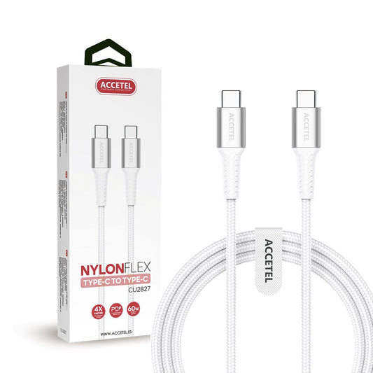 Cabo de Carregamento Rápido Nylon Flex 60W - Tipo-C a Tipo-C (1M) Branco